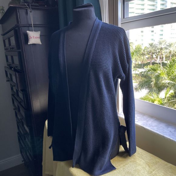 NAF NAF French  Womens Blue Duster Sweater Bows On Side Size M - Picture 3 of 10